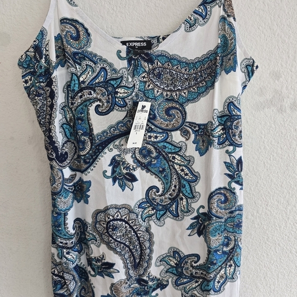 $70 Express Paisley BabyDoll Dress Women Sz S Blue White Sleeveless Coastal - Picture 5 of 14